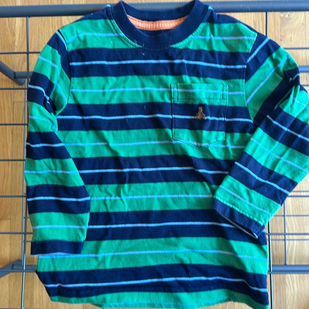 Baby gap size 4 green navy blue striped long sleeve T-shirt pocket with there